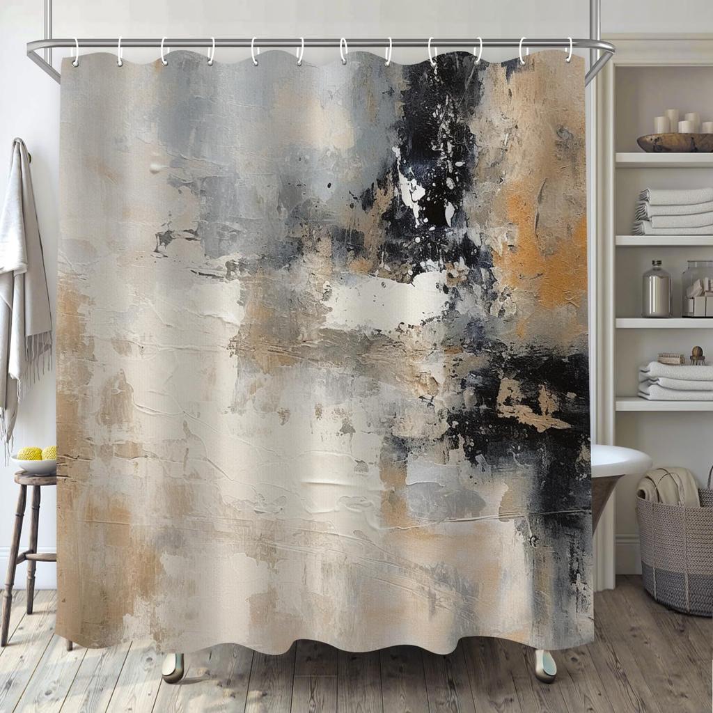 Abstract Simple Modern Shower Curtain Set Dark Brown Neutral Modern Brushstroke Art Waterproof Bathroom Curtain With Hook