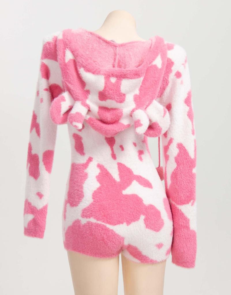 Mobbunny Piękny Cosplay Uroczy Strój Mleczarki Długi Różowy Kostium Damski, Anime/Gra/Odzież Domowa/Piżama, Body, Trykot, Bluza z Kapturem, Dekolt w Serek w Stylu Krowim,