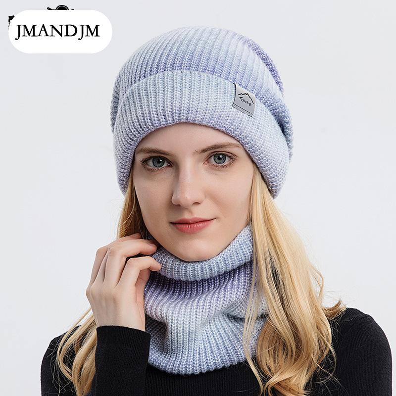 Hat Autumn and Winter Korean Version Gradual Change Color Wool Hat Thickened Warm Ear Protection Cold Knitted Hat Two-piece Set