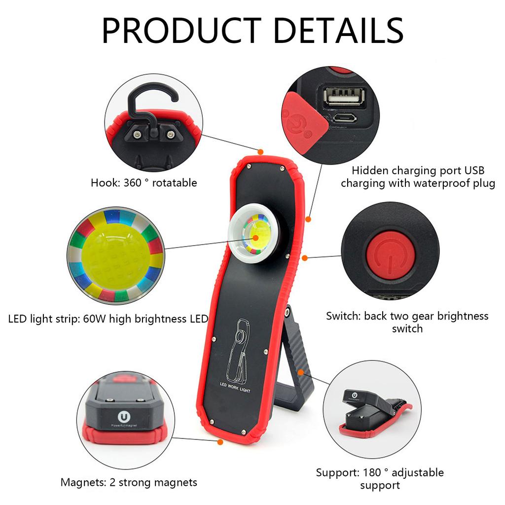 New Portable Flashlight Torch USB Rechargeable LED Work Light Magnetic COB Lantern Hanging Outdoor Camping Hook Lamp Power Light