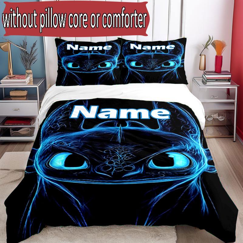 3pcs Duvet Cover Set (1*Duvet Cover + 2*Pillowcase, Without Core), Custom Name How to Train Your Dragon Pattern Bedding Set, Home Bedroom Decor Gift