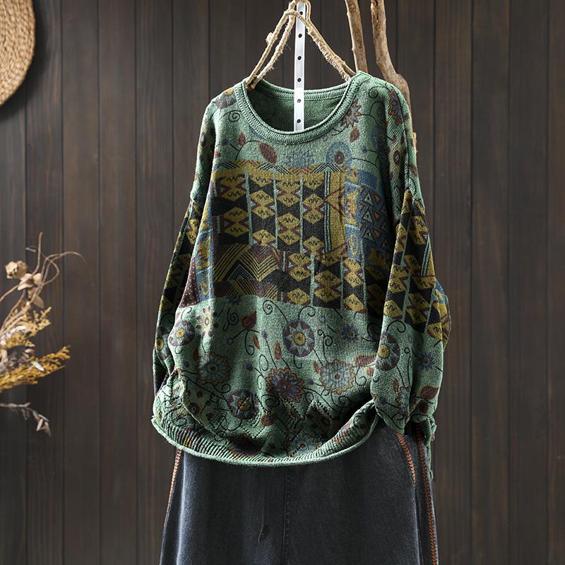 Women's Retro Floral Cotton Knit Sweater: Loose, Large, Round Neck, Pilling-Resistant Pullover for Spring & Autumn