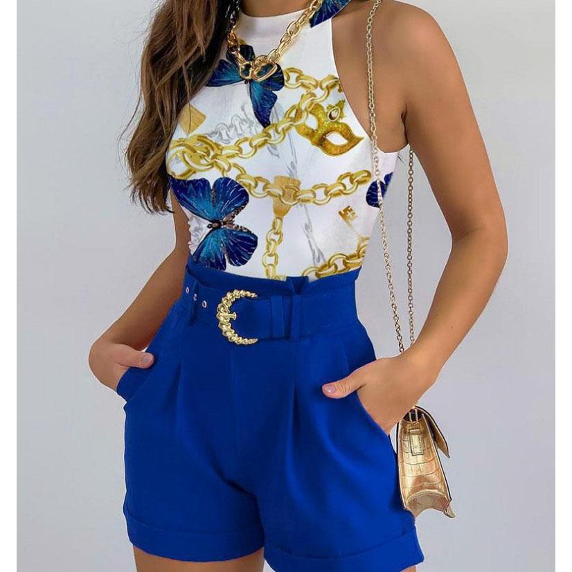 Summer Women's 2-piece Set Tank Tops Hollow Out Beach Slim Short Top Shorts Print Casual Hollow Sleeveless Vest Two Piece Suit