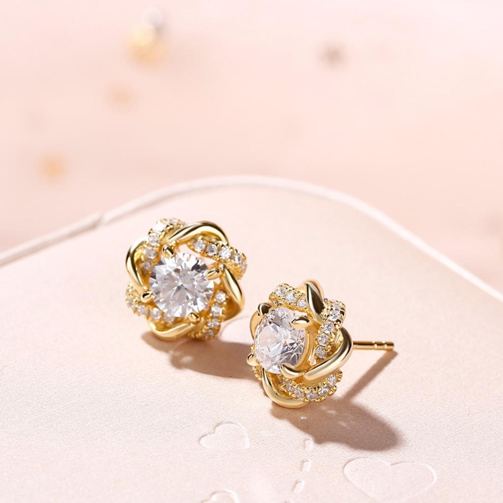 Four Leaf Clover Floral Halo Round Cubic Zirconia Stud Earrings Vintage French Elegant Women Ear Jewelry