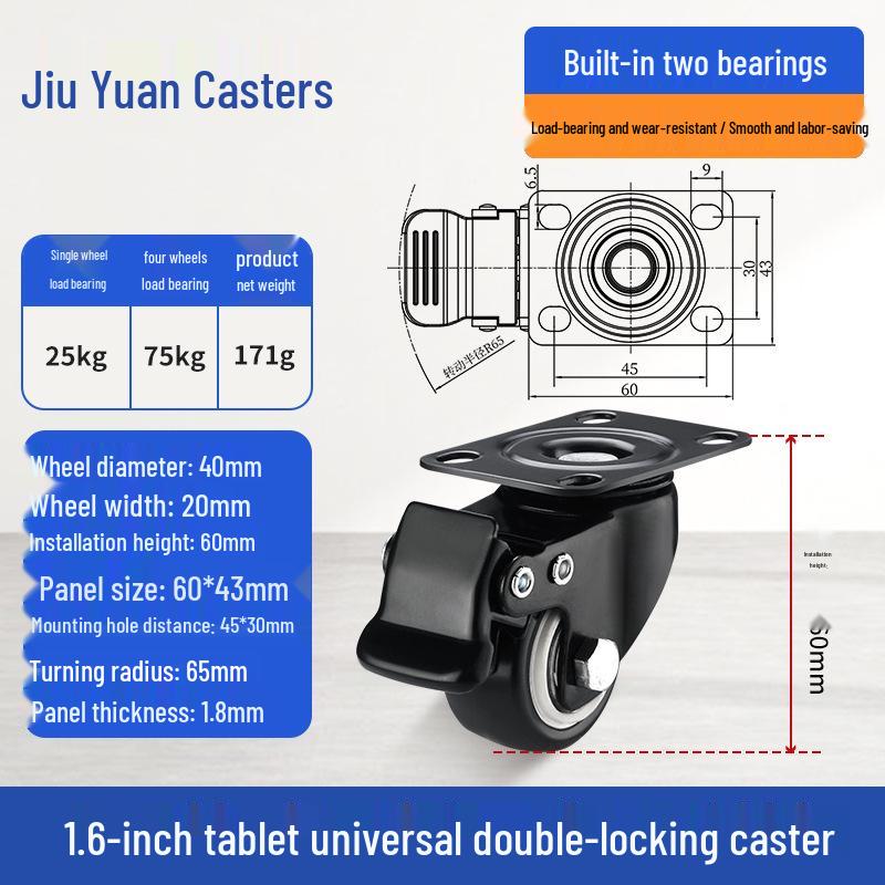 Black Heavy-Duty Swivel Casters with Brakes for Furniture, Cabinets & Industrial Use, Double Bearing Wheels