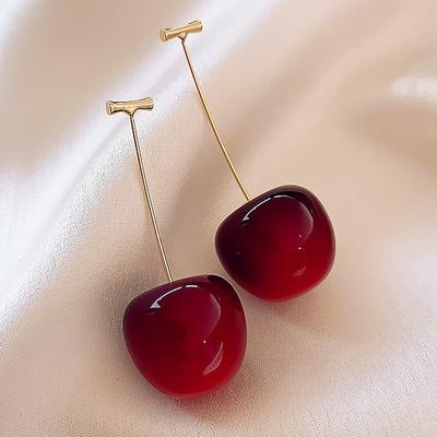 Sweet Red Cherry Earrings for Women Fashion Delicate Fruit Design Drop Dangle Earrings Wedding Party Korean Ear Zircon Gift