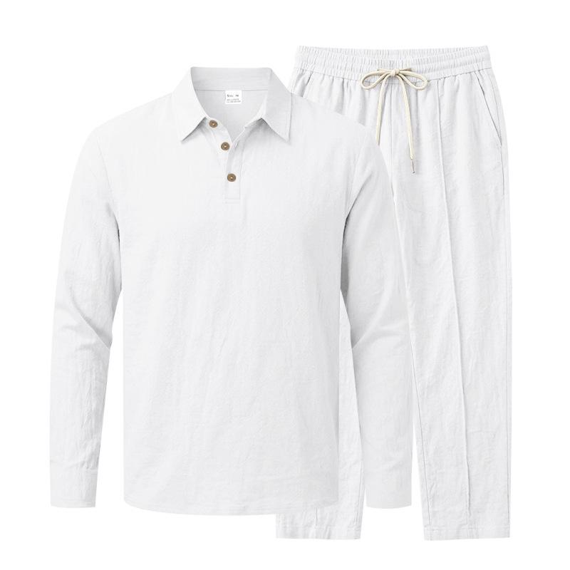 Grenzüberschreitender Herren-Leinen-Langarm-Poloshirt und Gerade Hosenanzug