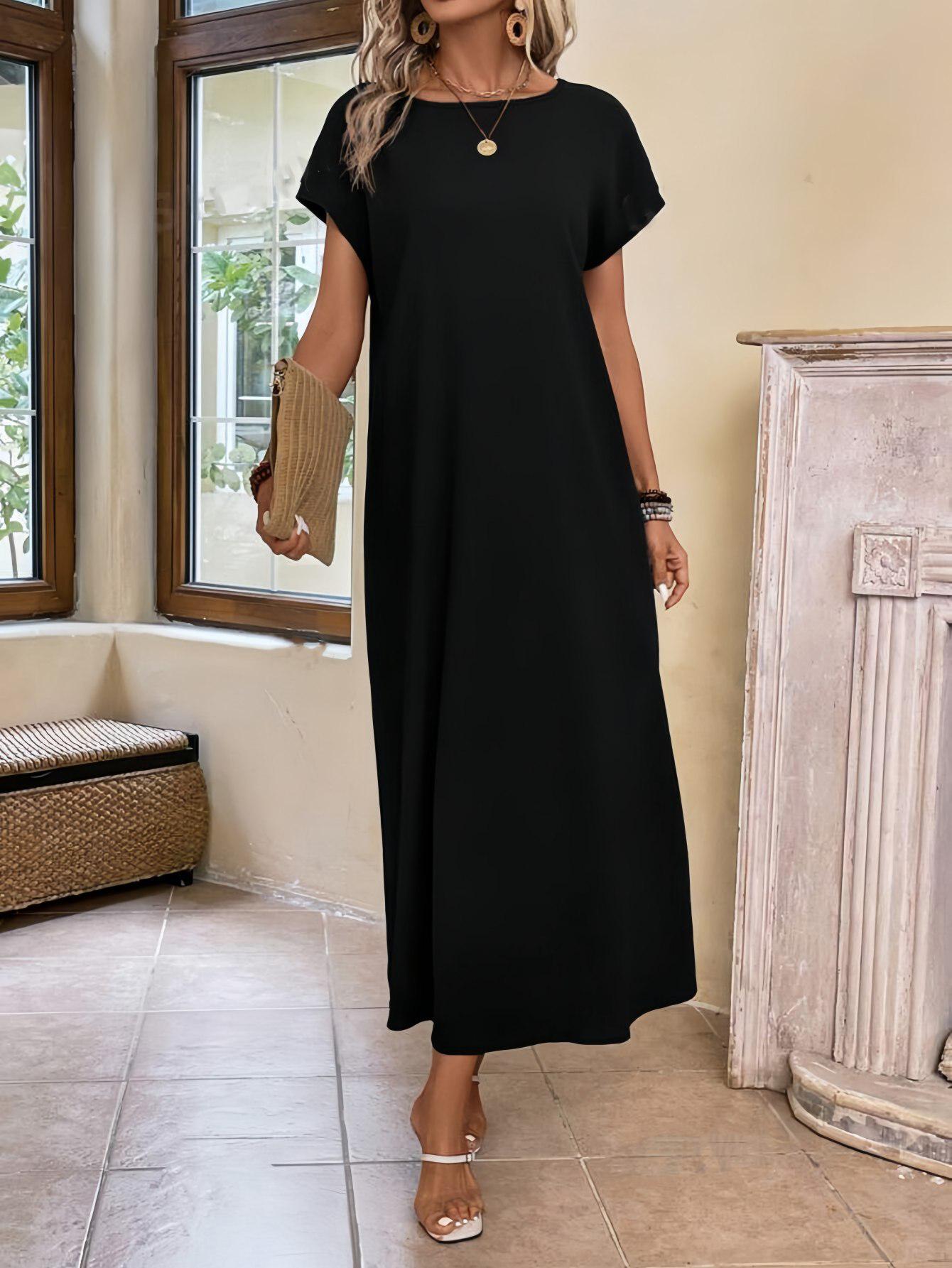 

2024 Женское однотонное платье с круглым вырезом, свободного кроя, с коротким рукавом, длинное, для весны и лета Extra Large чёрный