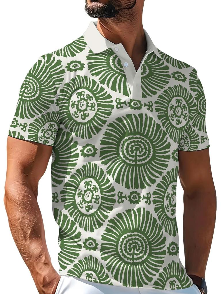 [Printed Design - Not Textured] White Collar Olive Green Mandala Sunflower All-Over Print Men'S Short Sleeve Polo Shirt