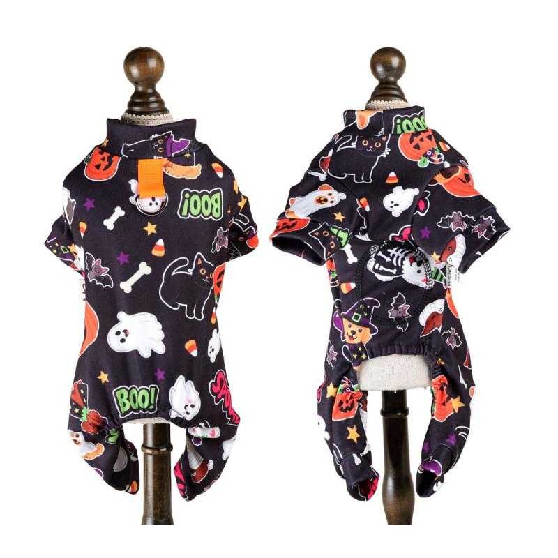 Halloween Orange Pet Pajamas With Pumpkin Print Teddy Yorkie Cat Dog Four-Legged Sleepwear Comfortable Home Outfit