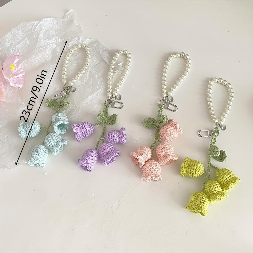 Cute Pearl Chain Woolen Crochet Lily Of Valley Flower String Keychain Bag Decorative Buckle Boho Style Creative Keychain Backpack Pendant Party