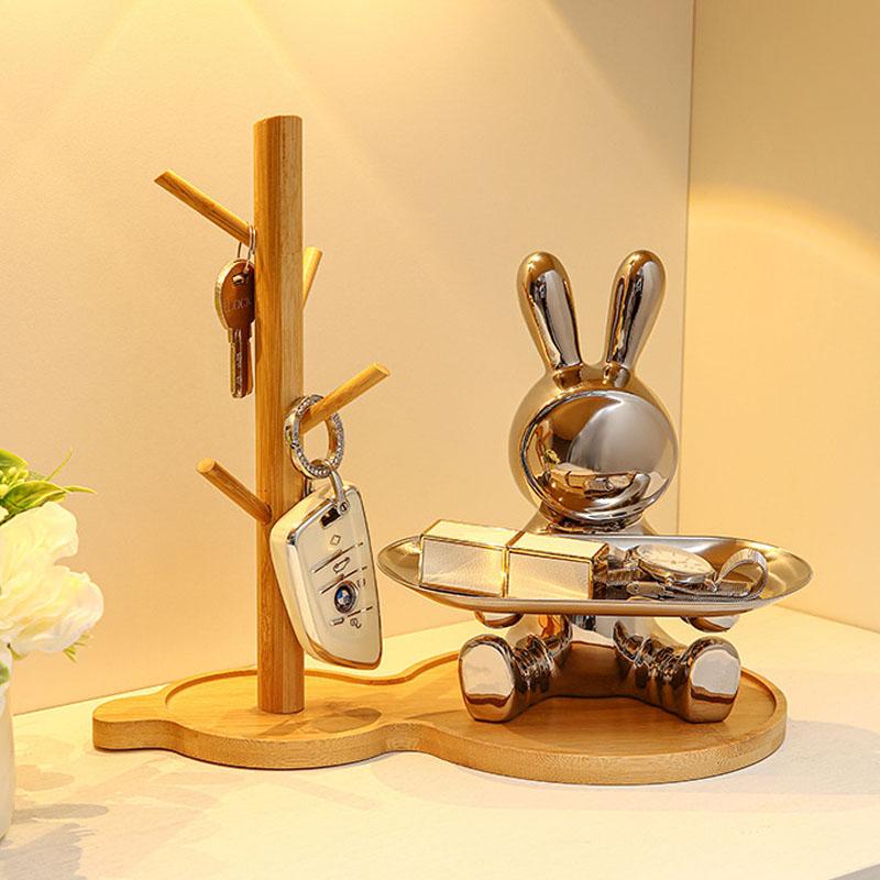 NORTHEUINS Resin Electroplated Astronaut Rabbit Tray Figurines for Interior Home Office Desktop Storage Container Decor Objects