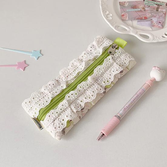 Lace Trim Pencil Case Smooth Zipper Makeup Stationery Storage Bag Cute Pen Organizer for School Office