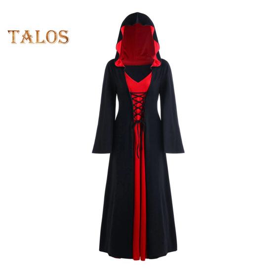 

Женское платье для косплея в темном стиле, костюм ведьмы на Хэллоуин, на шнуровке, с капюшоном, в тон, с длинными рукавами и рогами, платье трапециевидной формы для выступлений XXXL чёрный/красный