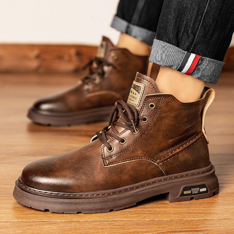 Fashion Soft Genuine Leather Boots Men's Autumn Comfort High Top British Style Mid Top Leather Shoes Black Work Suit Short Boots Winter