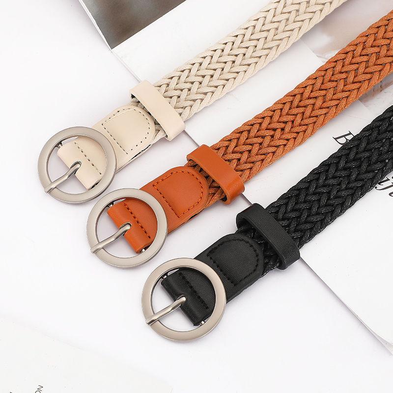 Stylish Women's Woven Waist Belt With Round Buckle Versatile Decorative Fashion Accessory