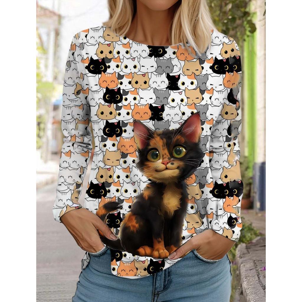 Women's Cute Cat Long Sleeve T-Shirt, Round Neck Long Sleeve Autumn Top, Festival Gift Clothing, Fashion Party T-Shirt