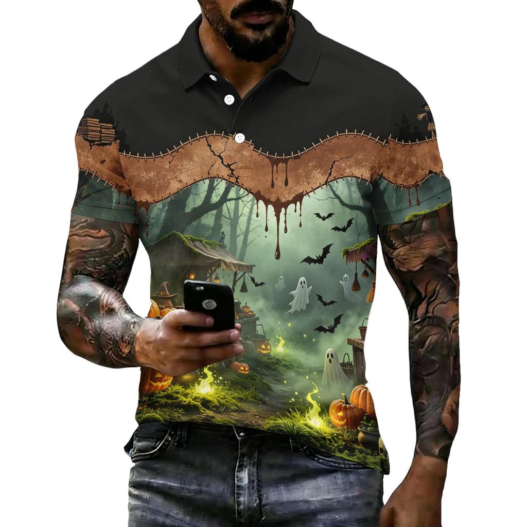 Men's Halloween Print Vintage Texture Short Sleeve Polo Shirt Loose Breathable Summer Sports Street Casual Daily Wear Top