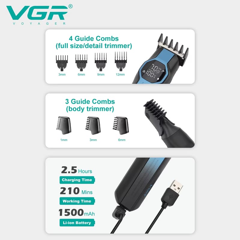 Men's Multi-function Digital Display Large Battery Long-lasting Hair Clipper Five-in-one Set Nose Hair and Sideburns Trimmer Razor Grooming Essential