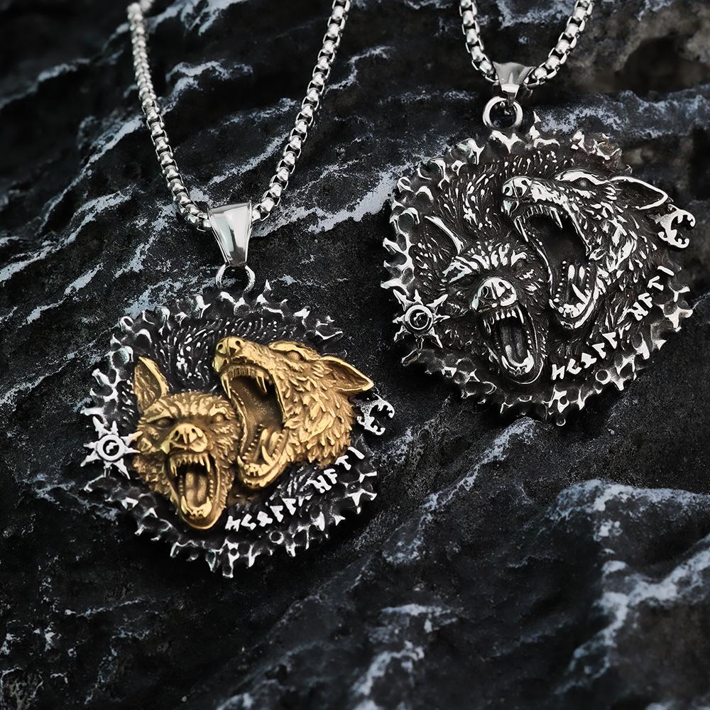 Vintage Viking Style Double Wolf Celtic Knot Stainless Steel Mens Necklace Pendant