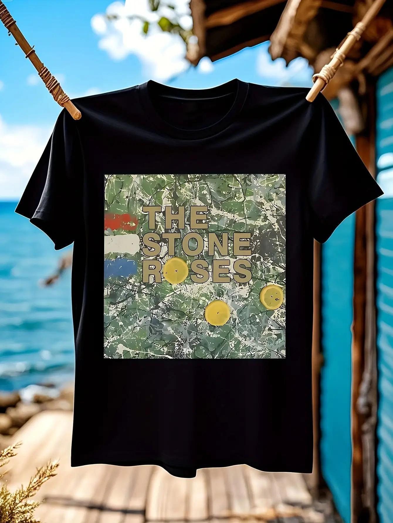 The Stone Roses Graphic T-Shirt - a Black Casual Crew Neck Short-Sleeve Tee Featuring a Colorful Floral Design XL