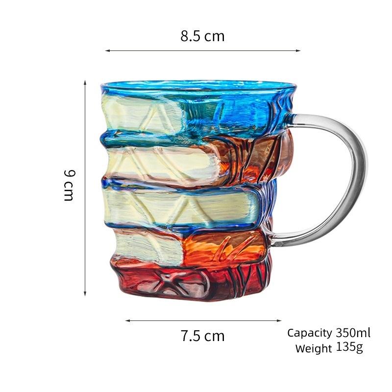 Colorful Stacked Books Shaped Glass Mug, Hand-Painted Stained Glass Style Coffee Cup