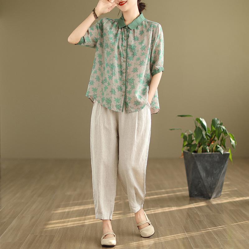 2025 Κορεάτικου Στυλ Μεγάλο Μέγεθος Αδυνατιστικό Ρετρό Δύο Τεμαχίων Βαμβακερό Λινό Καλοκαιρινό Κοστούμι για Γυναίκες