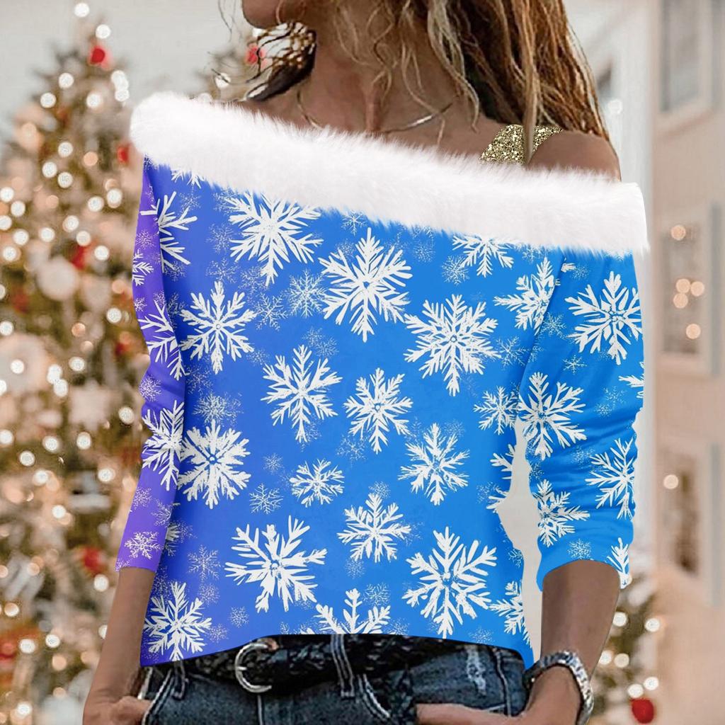Women's Autumn And Winter Long Sleeved Single Shoulder Strap Christmas Print Pullover Top