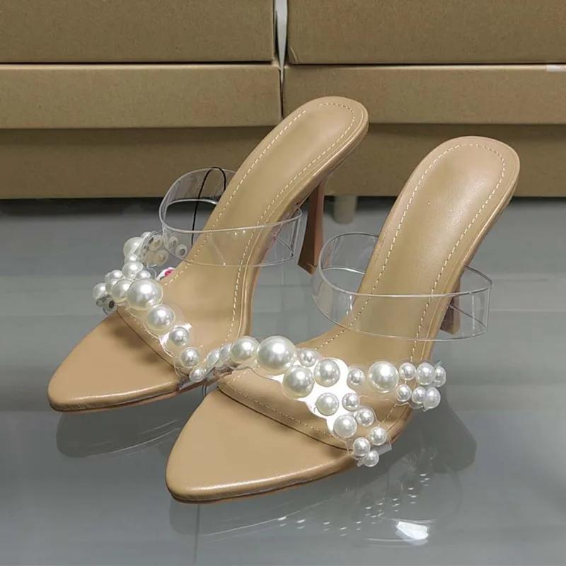 Fashion Luxury Brand Design String Bead PVC Transparent Slippers Women Summer High Heels Sandalias Fashion Open Toe Party Slide Sandals