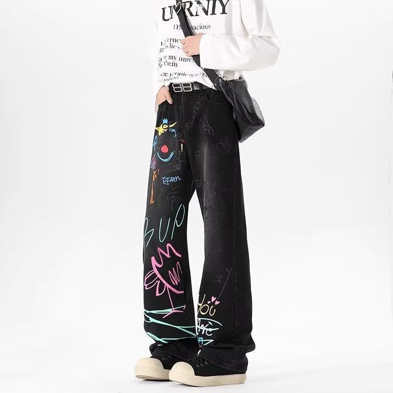 American graffiti print straight jeans women's spring new high street design sense loose wide leg mopping pants