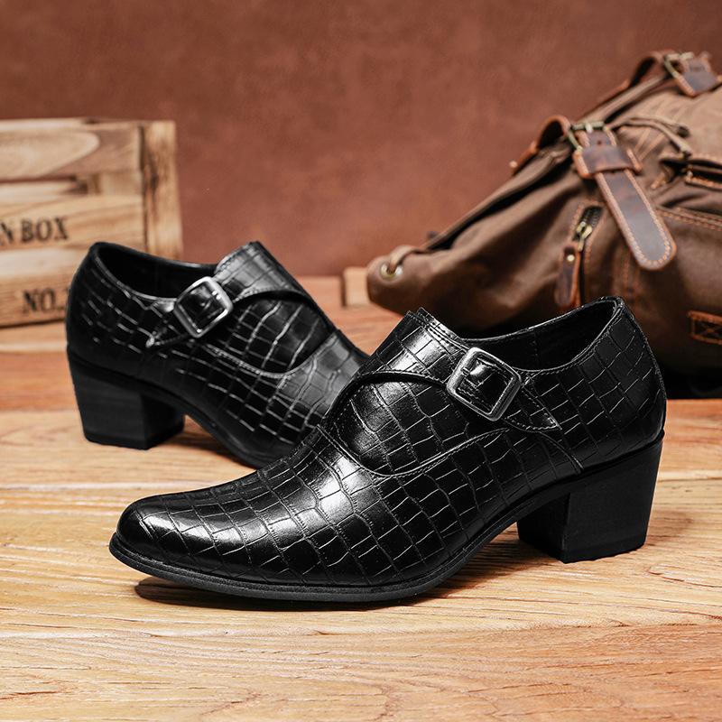 Men's High-heeled Leather Shoes Fashion Men's New Pointed Leather Shoes Trend Retro Business Shoes Small Thick Heel Wedding Shoes