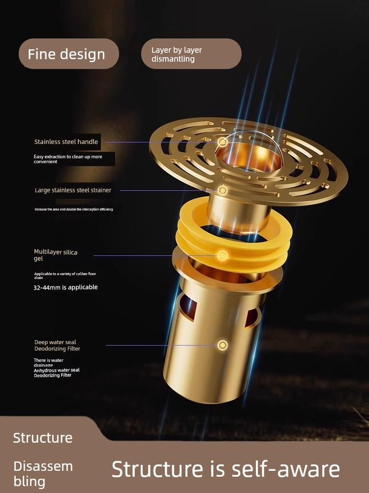 Copper Floor Drain Neutral Inner Core Insect-Proof Closed Cover Bathroom Drain Outlet Downcomer Anti-Odor Handy Gadget