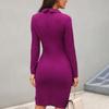 Women's Solid Color Long Sleeve V Neck Button Zipper Slim Fit Mid Length Formal Dress