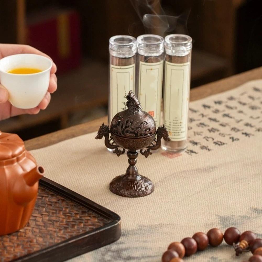 Vintage Alloy Incense Burner Hollow Out Handmade Sandalwood Incense Burner Double Dragon with Lid Aromatherapy Stove