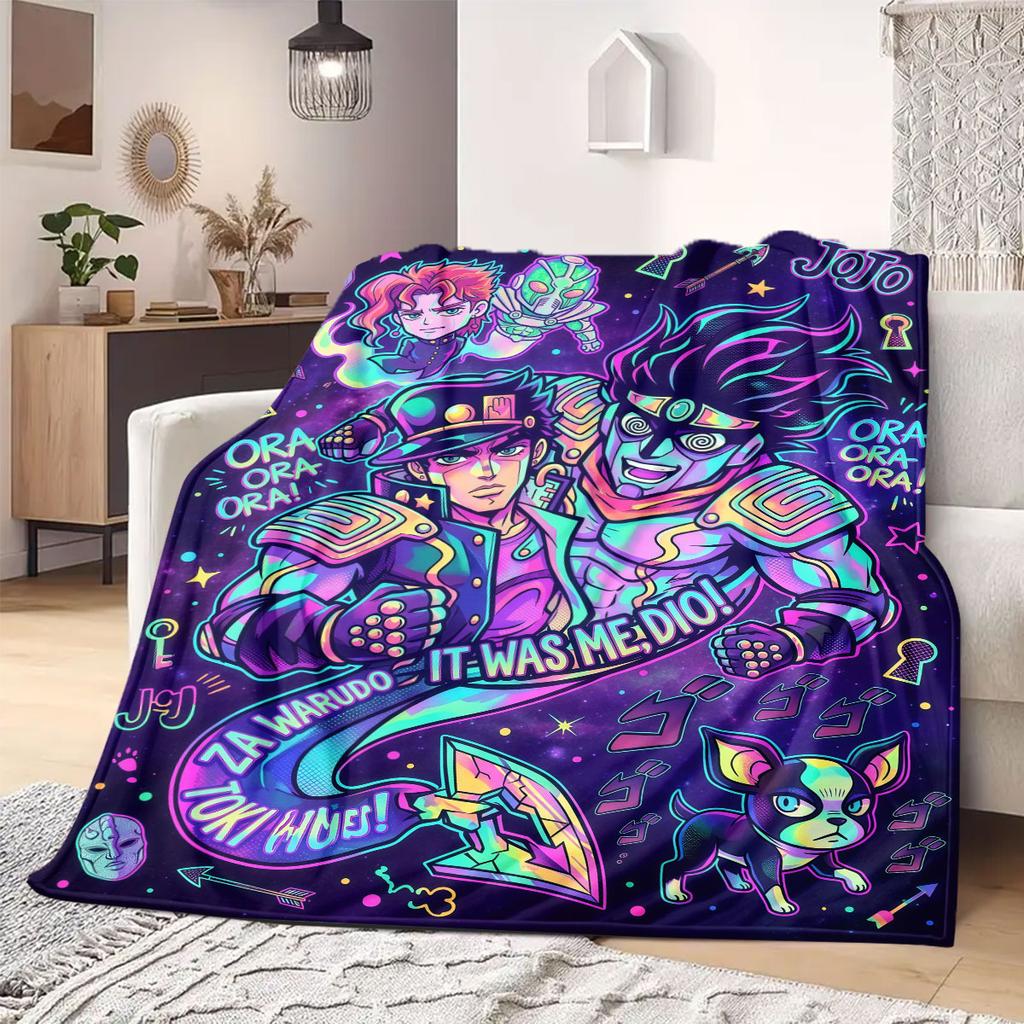 JoJo's Bizarre Adventure Cartoon Flannel Blanket, Printed Style for Beds and Chairs, Warm Bedding, Travel Picnic Use_LIAN