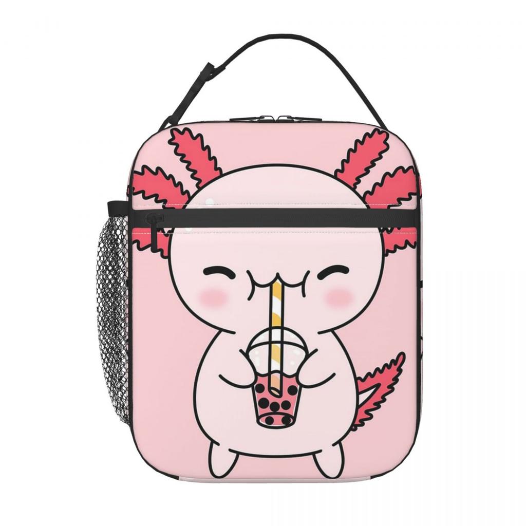 Cute Axolotl Milk Tea Print Insulated Lunch Bag for Women Children Portable Food Boxes Thermal Lunch Box Tote
