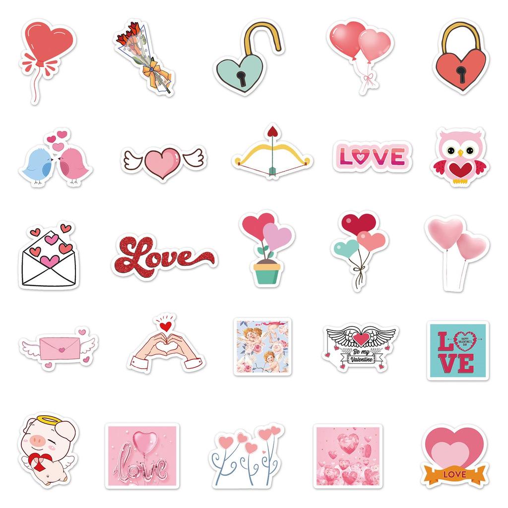 50 Valentine's Day Graffiti Stickers - Pink Heart DIY Waterproof Decals for Water Bottles & Suitcases