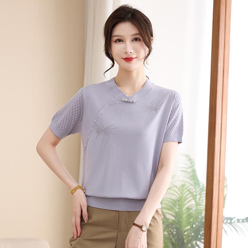 

Fashionable Ice Silk Summer Top for Moms - 2026 New Style Short Sleeve Blouse for Mid-Aged Women L (recommended 52-60 kg) светло-фиолетовый