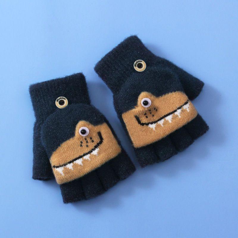 Half Finger Flip Cartoon Kids Gloves Jacquard Color Matching Autumn Winter Warm Gloves for Children Student Writing Baby Gloves