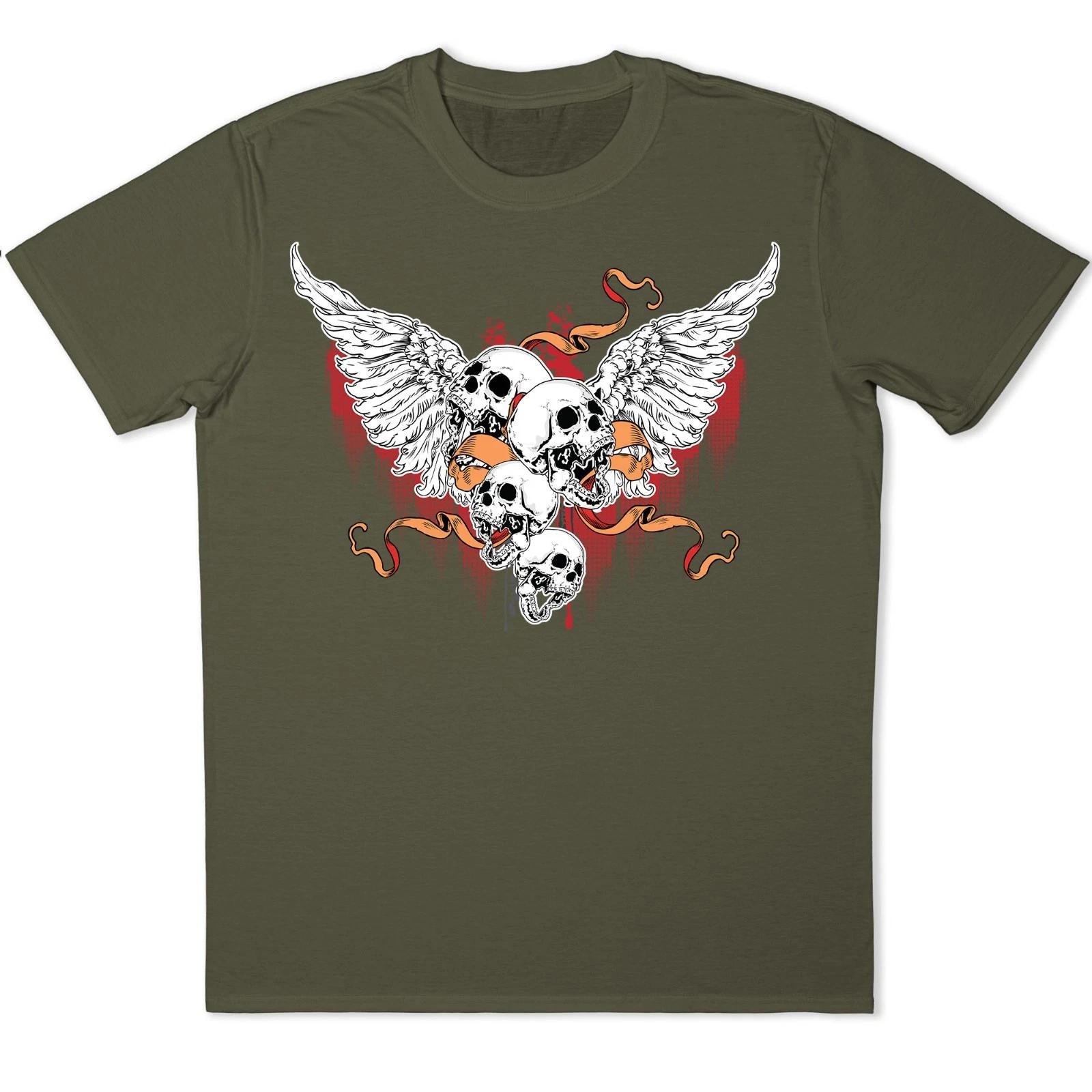 Skulls Wings T-Shirt Gothic Biker Angel Wings Flames Tribal Tattoo Rock Tee XS