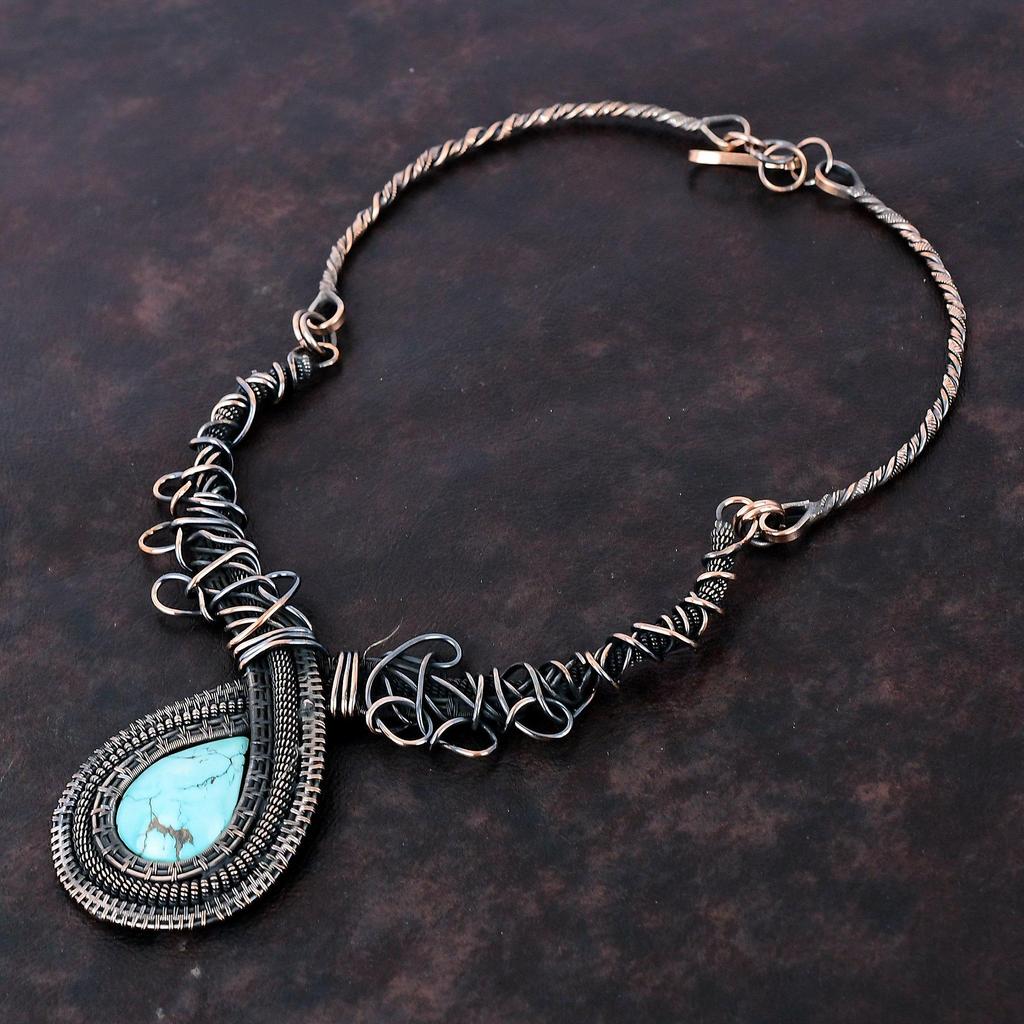 Naszyjnik z turkusu tybetańskiego Naszyjnik owinięty drutem miedzianym Regulowany naszyjnik Cudowna biżuteria miedziana Ręcznie robiony naszyjnik z kamieni szlachetnych Prezent ślubny