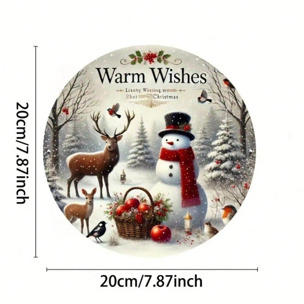 Snowman Deer Round Metal Sign Winter Holly Berry Pine Decorative Tin Wall Art Home Bar Cafe