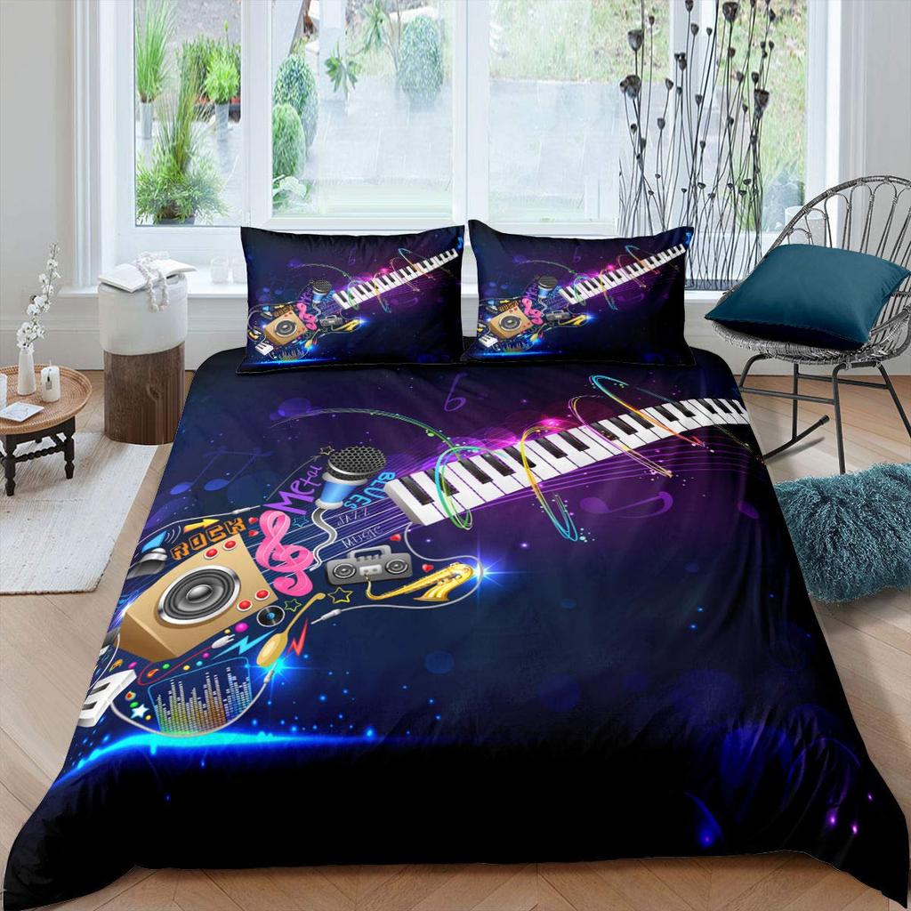 Electric Guitar King Queen Duvet Cover Stringed Instrument Bedding Set Musical Note Quilt Cover Hippie Polyester Comforter Cover