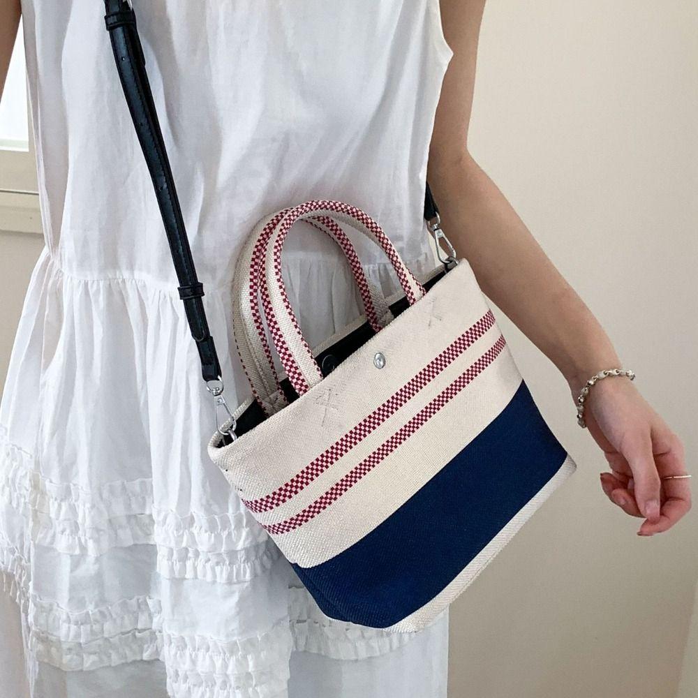 Blue White Striped Stripe Canvas Bag Large Capacity Lunch Bag Portable Weave Handbag  Outdoor