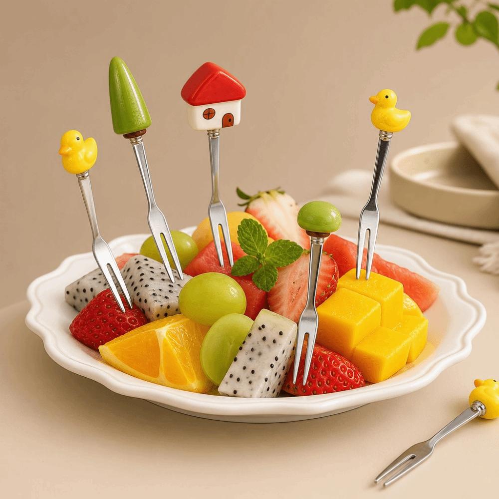 6Pcs Reusable Fruit Dessert Fork Cartoon Cute Fruit Forks Stainless Steel Cake Fork Party Tableware