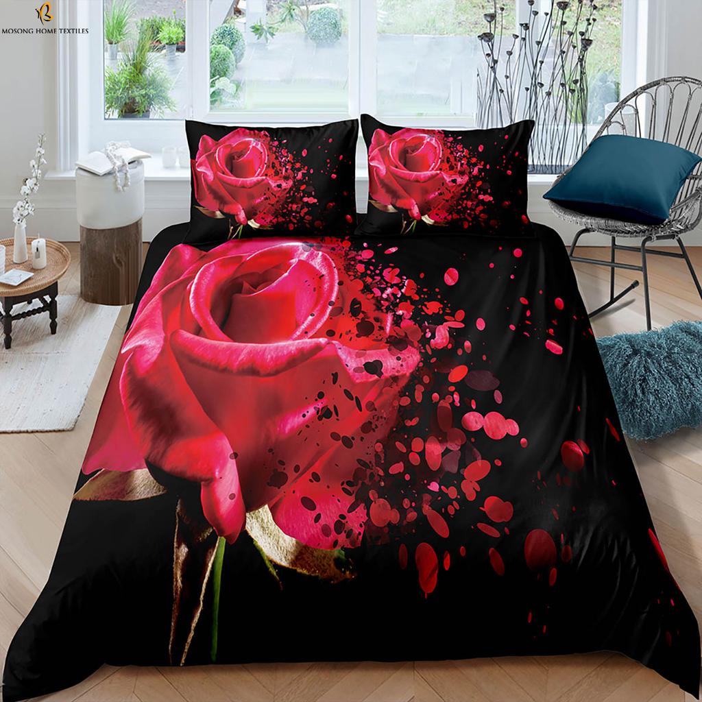 Retro Red Rose 3d Printed Quilt Cover Romantic Gift Bedding Set Quilt Cover Pillowcase Three-Piece Set 100% Polyester
