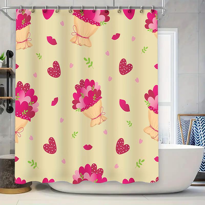 

Vintage Floral Shower Curtain with Hearts Design for Bathroom Decor Pink Beige Pattern Home Decoration DIY Waterproof Hanging Cu 90x180cm