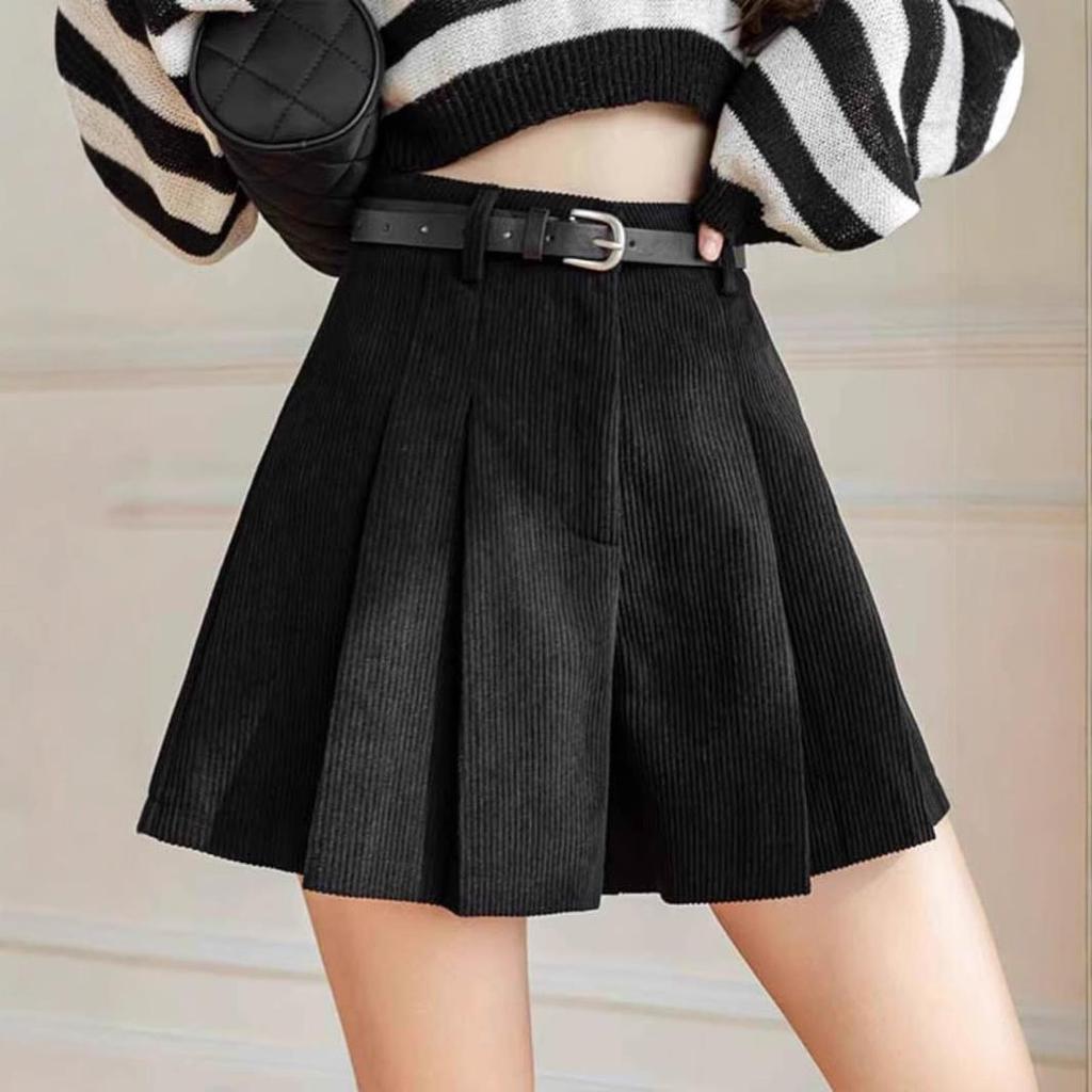 Women's High Waist Khaki Corduroy A-Line Pleated Skort for Autumn/Winter