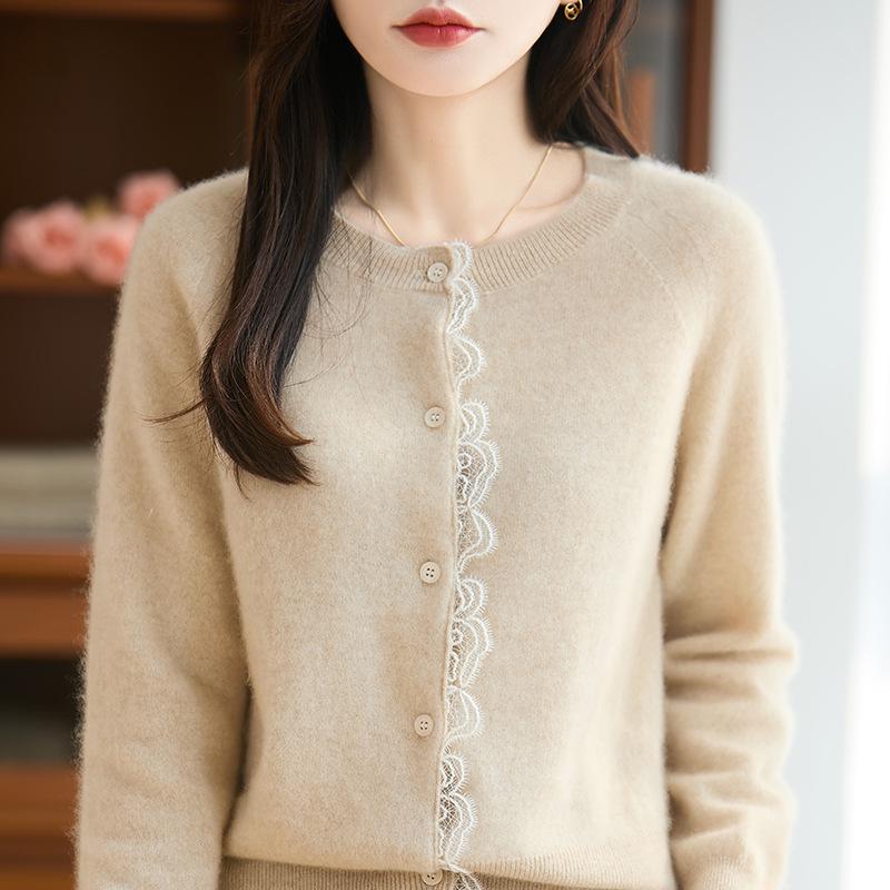 Autumn/Winter Women's 100% Pure Wool Lace Trim Knit Cardigan - Long Sleeve Round Neck Loose Sweater