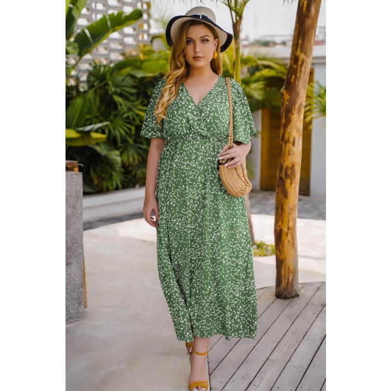 

Летнее платье с коротким рукавом, V-образным вырезом, завышенной талией, свободное, длинное 4XL зелёный